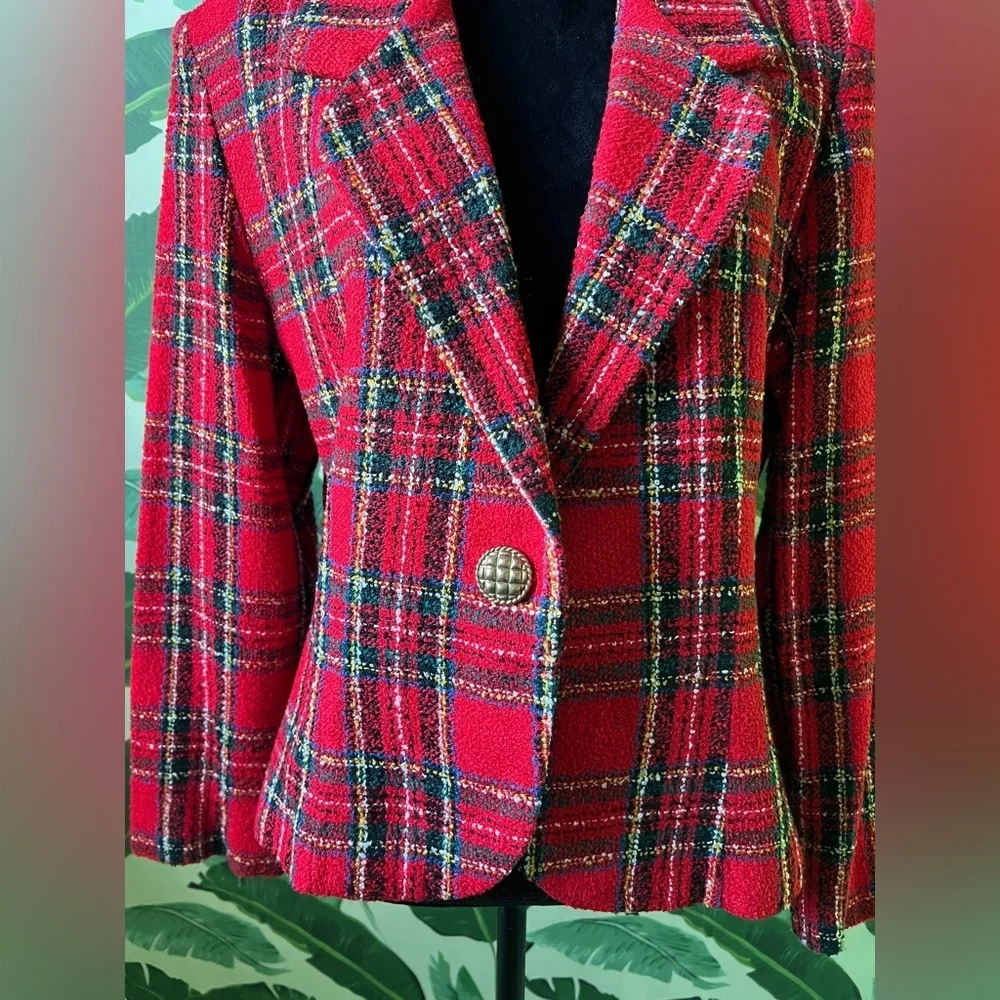 TR Bentley Womens Red Plaid Vintage Tweed Blazer‎ Jacket 12